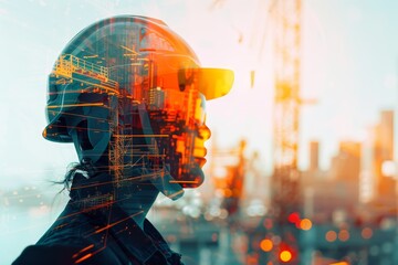 Double exposure of engineer with safety helmet and cityscape background, symbolizing construction and urban development.