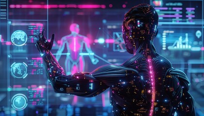 Leinwandbilder - Futuristic AI robot in a high-tech environment, displaying digital data and holograms, symbolizing advanced technology and innovation.