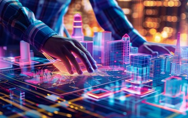 Leinwandbilder - Futuristic smart city technology depiction with hand interacting with digital interface, showcasing urban innovation and development.