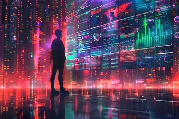 Aufkleber - Futuristic stock photo of person analyzing data on digital screens, highlighting technology, AI, and finance in a vibrant neon environment.