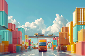 Wall Mural - Colorful Cargo Containers in Port with Trucks and Blue Sky