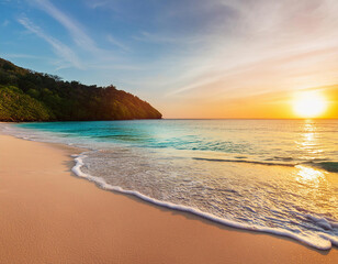 Wall Mural - Panoramic view of a colorful paradise beach at sunset