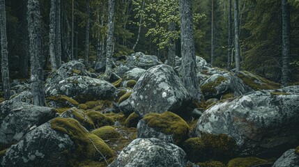 Wall Mural - Nature of a Nordic mountain with rocky terrain Boulders scattered through wooded area covered in moss