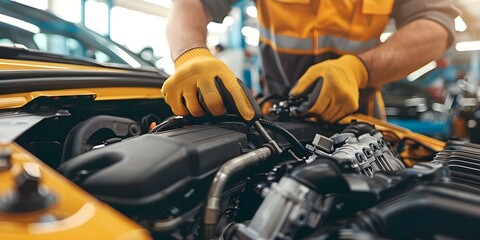 Mechanic fixing car engine in service station. Concept Car Maintenance, Automotive Repairs, Mechanic Expertise, Vehicle Servicing, Engine Troubleshooting