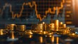 © GenBy - Stacked gold coins reflecting on a table with a financial stock market graph in the background.