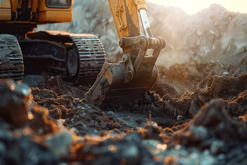 Yellow excavator on construction site, selective focus with space for text or inscriptions
