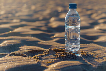 Bottle of water on the beach close up without label
