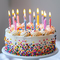 Festive birthday cake with candles, white background, closeup shot, colorful and celebratory