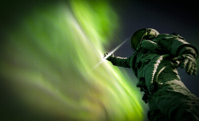 Wall Mural - intense northern lights and astronaut