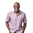 © CrazeePixelINC - Front view mid shot of a 60-year-old handsome Black man dressed in a soft lavender button-down shirt and beige slacks, smiling on a white transparent background