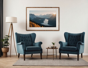 Two armchairs in room with white wall and big frame poster on it. Scandinavian style interior design of modern living room.