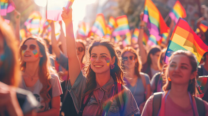 Wall Mural - hand holding colorful rainbow gay flag (copy space), symbol of lgbt people, lgbt happy pride month diversity of genders love,romance, tolerance,celebration,concept of lgbtq community equality movement