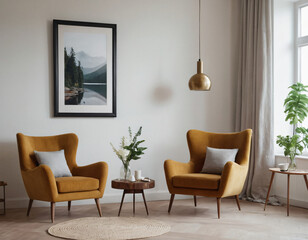 Two armchairs in room with white wall and big frame poster on it. Scandinavian style interior design of modern living room.