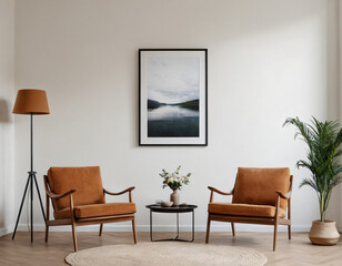 Two armchairs in room with white wall and big frame poster on it. Scandinavian style interior design of modern living room.