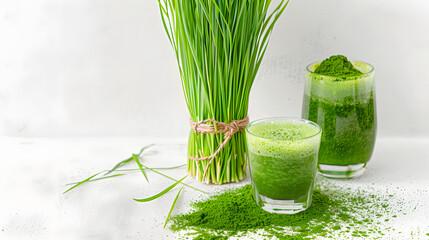 Wall Mural - Fresh wheat grass and powder on white background, Healthy drink with organic green smoothie, Detox superfood.