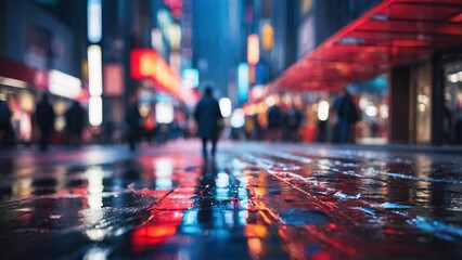 the night atmosphere in the city, decorated with beautiful glowing lights, and reflected in the puddles of rain water on the streets