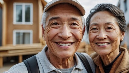 An elderly Asian couple smiles brightly for a selfie in front of their house under construction, expressing their joy and excitement as they watch their future home take shape.