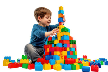 a creative boy with a pile of building blocks, constructing a towering castle of dreams in a playful
