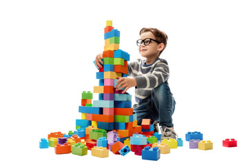 a creative boy with a pile of building blocks, constructing a towering castle of dreams in a playful