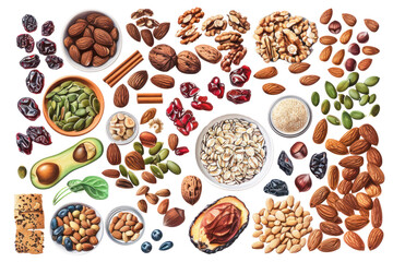 A collection of healthy snacks, including nuts, seeds, and dried fruits, arranged on a white background in a photorealistic manner. isolate on white background.