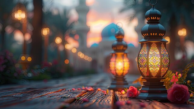 3d ramadan night banner template. Cute mosque and lantern displayed on stages with glowing light in the evening 