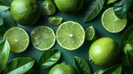 A close up of green limes and leaves