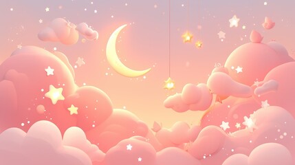 Wall Mural - Create an adorable cartoon style visualization featuring cartoon rendered clouds a moon and shimmering stars set against a soft pastel pink sky background perfect for showcasing products ai