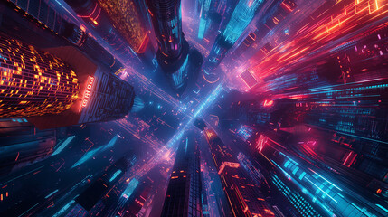 Wall Mural - 8. **Urban Utopia**: Present a futuristic 3D artwork depicting a vibrant metropolis filled with neon lights and bustling energy, leaving room for a caption that celebrates the beauty of urban life