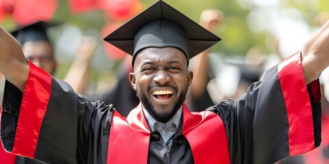 Sticker - Man jubilantly celebrates cap and gown ceremony achieving academic milestone. Concept Achievement, Graduation, Celebration, Academic, Success,