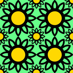 Wall Mural - Seamless Pattern with Yellow Flowers and Sun Icons - Spring and Summer Floral Design