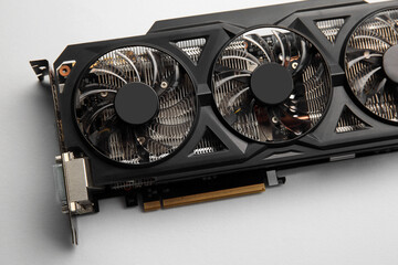 Poster - One graphics card on color background, top view