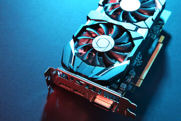 Poster - Computer graphics card on color background, closeup. Space for text