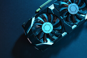 Poster - Computer graphics card on color background, top view