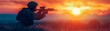 © CALMANDRELAX STUDIO - Soldier silhouetted against a vibrant sunset, aiming a rifle, creating a dramatic and intense scene in a field of combat or training.