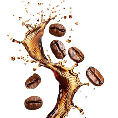 Wall Mural - Roasted coffee beans splashing in delicious coffee, cut out