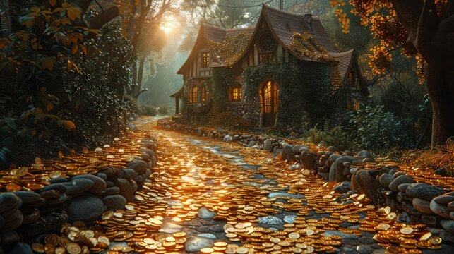 A fantasy scene with gold coins used as stones to pave a magical street