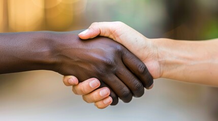 Close-up diverse hands firm handshake. Unity and people diversity. Partnership, equality, community. Different countries cooperation, mutual respect. African American person shake hand Caucasian man.