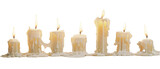 Collection of lit candles placed closely in a row on a transparent background