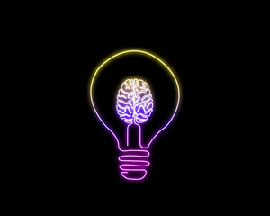 Wall Mural - Neon light glow brain line art. Continuous one line drawing of human brain inside lamp.  