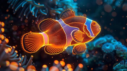 Vibrant clownfish swimming among coral reefs in a glowing, colorful underwater world, beautifully illuminated and detailed.