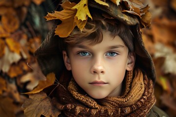 Wall Mural - Closeup portrait of a young child with captivating eyes, adorned with autumn leaves