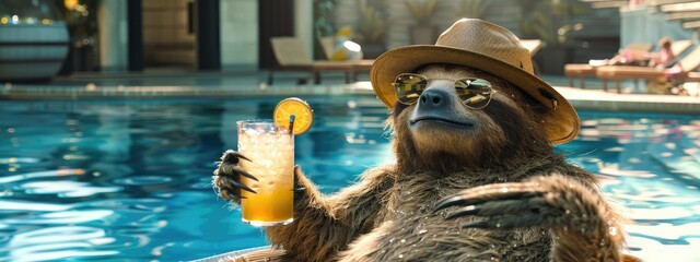 Wall Mural - a sloth in a hat drinks a cocktail on the background of a swimming pool. Selective focus