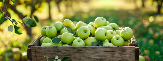 Wall Mural - Fresh green apples on wooden boxes in the garden. selective focus. Generative AI,