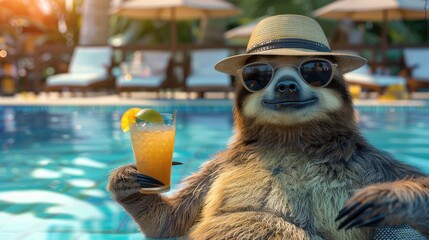 Wall Mural - a sloth in a hat drinks a cocktail on the background of a swimming pool. Selective focus