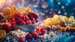 © GG Kenji - Photo realistic concept: Healthy snacks for movie nights with glossy backdrop, showcasing guilt free options for enjoyable snacking. High resolution image.
