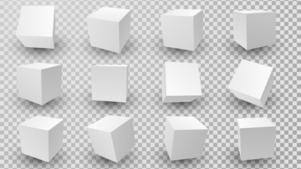 Leinwandbilder - 3D White Cube Blocks on Transparent Background. 3D Perspective White Boxes. Vector Illustration for Your Design.