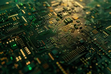 Poster - High-resolution image capturing the complex pathways of a circuit board with a deep focus, emphasizing the detailed electronic architecture and the essence of modern computing technology