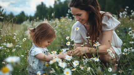 mother and child pick flowers in the field. Selective focus