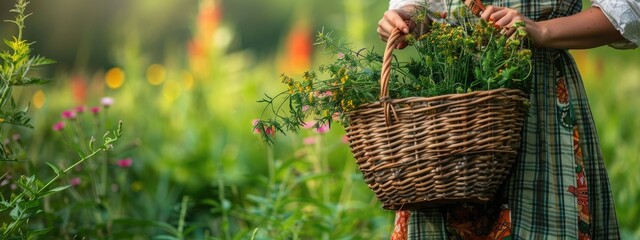 Wall Mural - a woman collects medicinal herbs in a basket. Selective focus