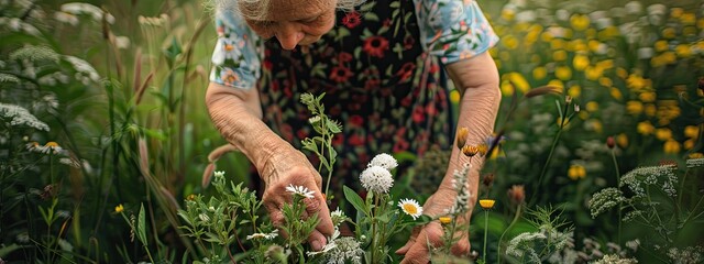 Wall Mural - an elderly woman collects medicinal flowers. Selective focus